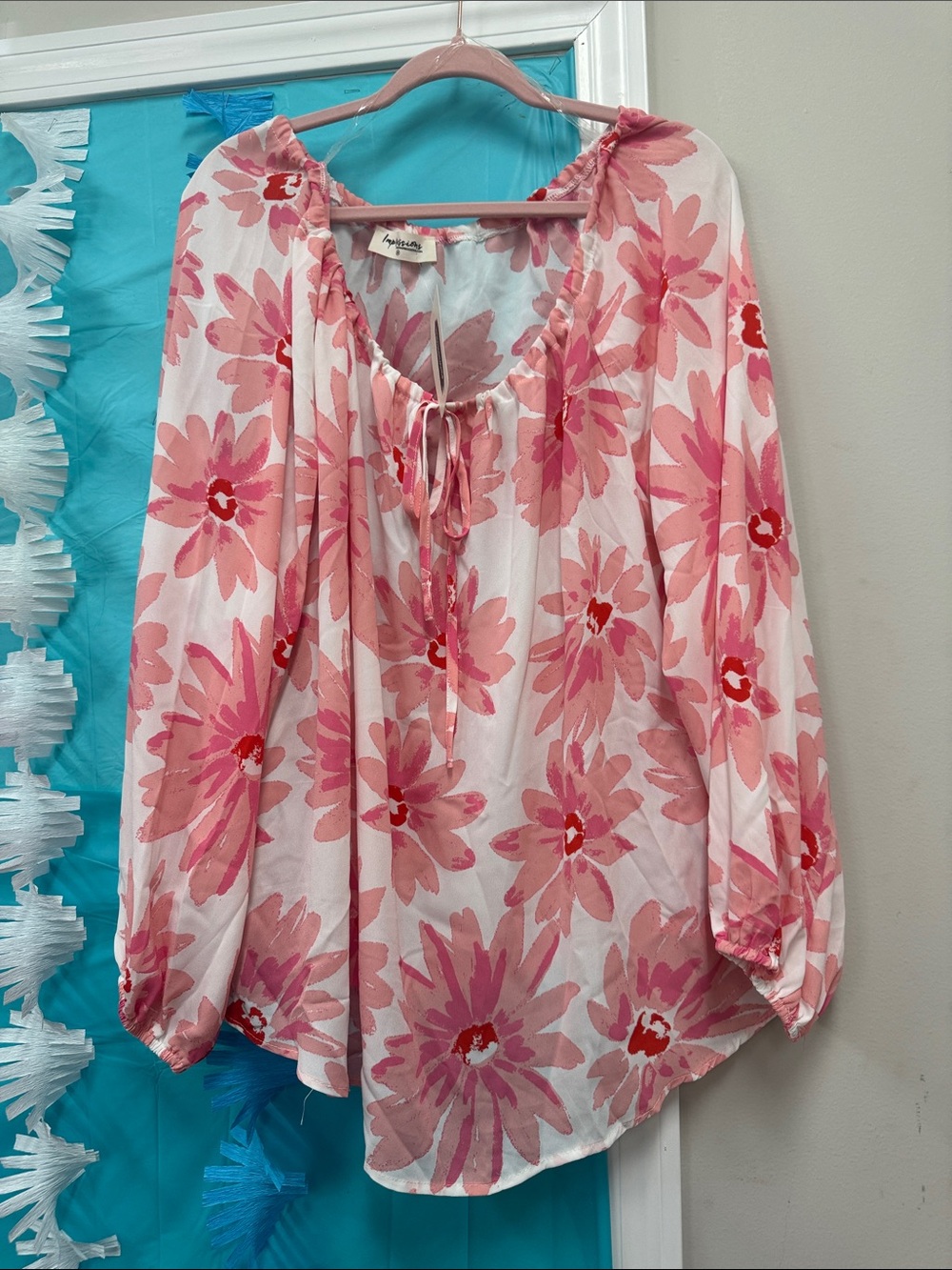 Impressions Pink Floral Tie-Neck Peasant Blouse